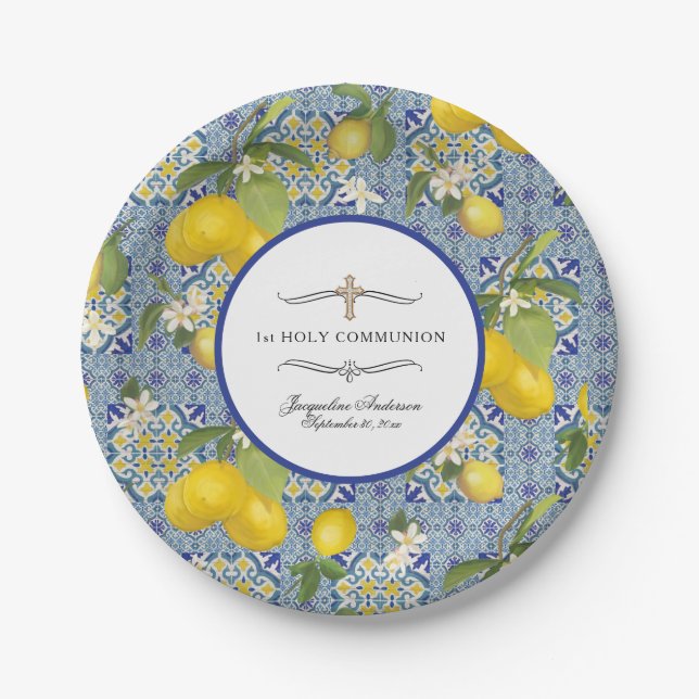 Lemon Floral Citrus Foliage Blue 1st Communion Paper Plate (Front)