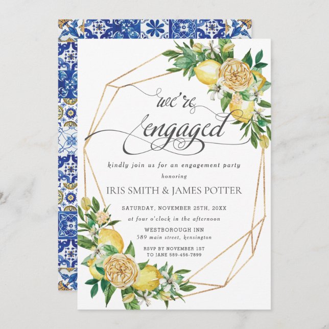 Lemon Floral Geometric We're Engaged Engagement Invitation (Front/Back)