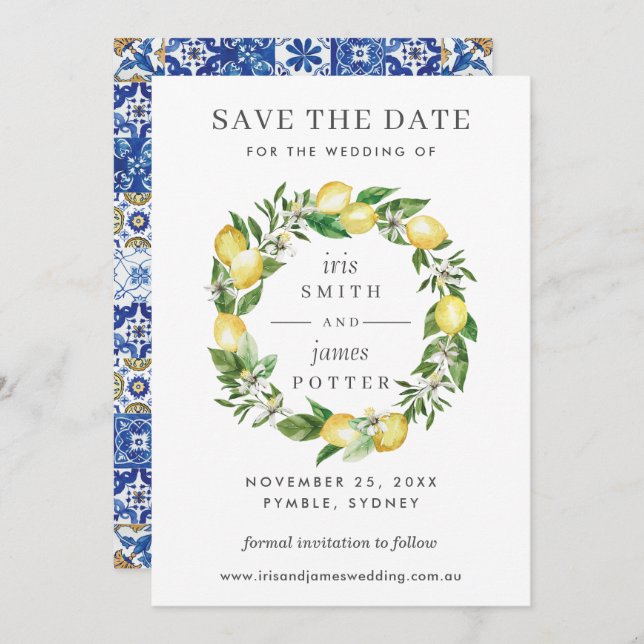 Lemon Floral Greenery Wedding Save the Date Card (Front/Back)