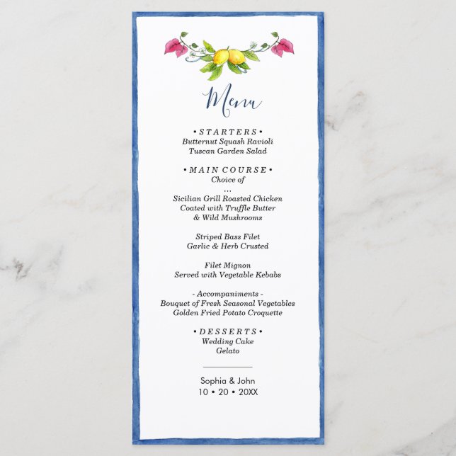  Lemon Floral Mediterranean Amalfi Wedding Menu (Front)