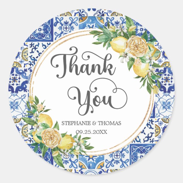 Lemon Floral Meditteranean Mosaic Tiles Wedding Classic Round Sticker (Front)