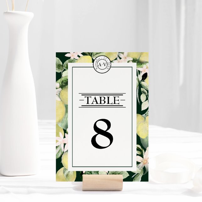 Lemon Floral Monogram Emerald Green Wedding Table Number (Creator Uploaded)