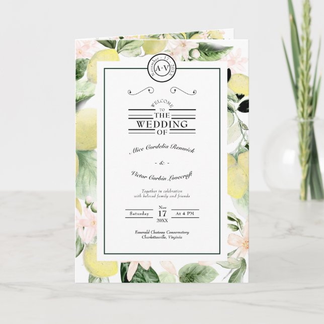 Lemon Floral Monogram White Wedding Folded Programme (Front)