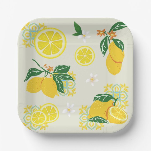  Lemon Floral Paper Plate (Front)