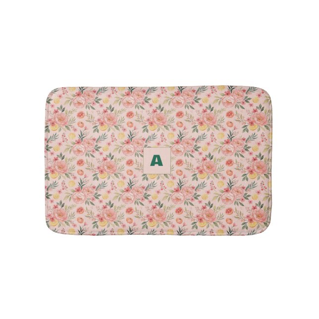 Lemon  Floral pink Peony rustic Pattern monogram Bath Mat (Front)