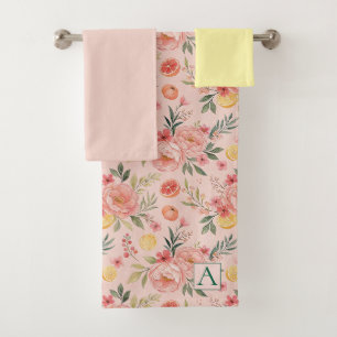 Lemon Floral pink Peony rustic Pattern monogram Bath Towel Set