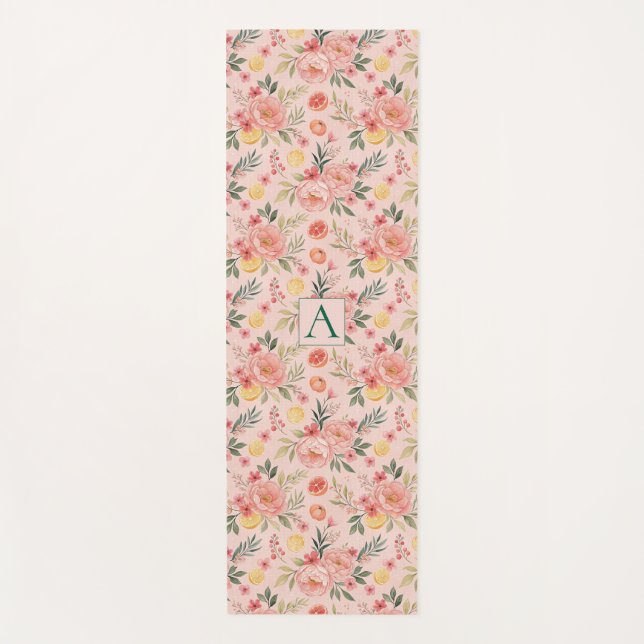 Lemon  Floral pink Peony rustic Pattern monogram Yoga Mat (Front)