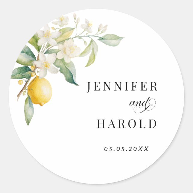 Lemon Floral Wedding Favor Classic Round Sticker (Front)