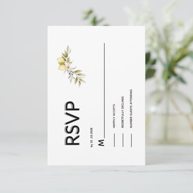 Lemon floral wedding RSVP card (Standing Front)