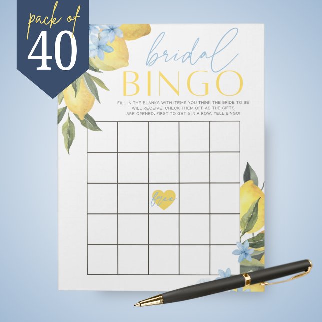 Lemon Flower Gift Bingo Bridal Shower Game Pack Notepad (Main Squeeze Lemon and Blue Flower Gift Bingo Bridal Shower Game Pack of 40 Games)