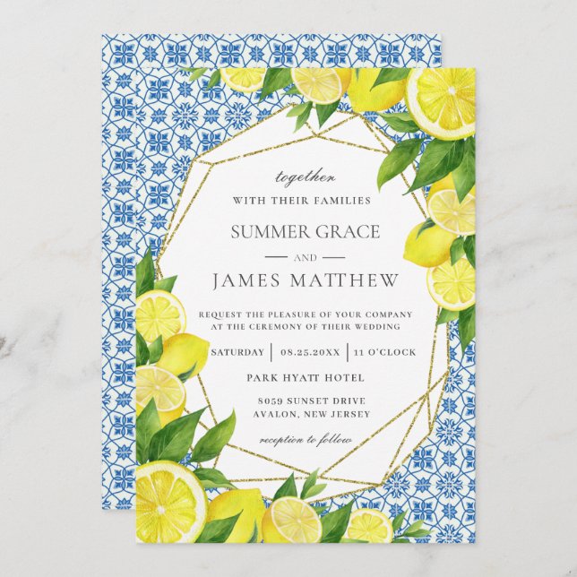 Lemon Foliage Mediterranean Wedding Invitation (Front/Back)