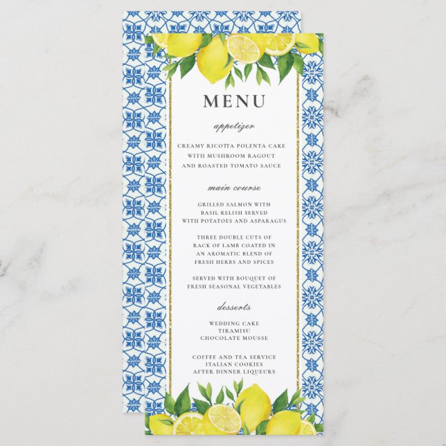 Lemon Foliage Mediterranean Wedding Menu Card (Front/Back)