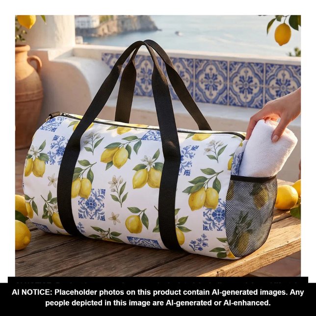 Lemon French Country Tile Pattern Yellow Blue  Duffle Bag (Creator Uploaded)
