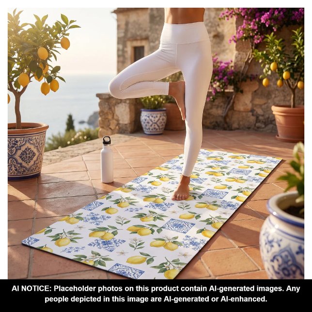 Lemon French Country Tile Pattern Yellow Blue  Yoga Mat (Creator Uploaded)