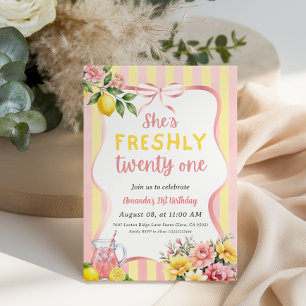 Lemon Freshly 21 Floral Pink Lemonade Birthday Invitation