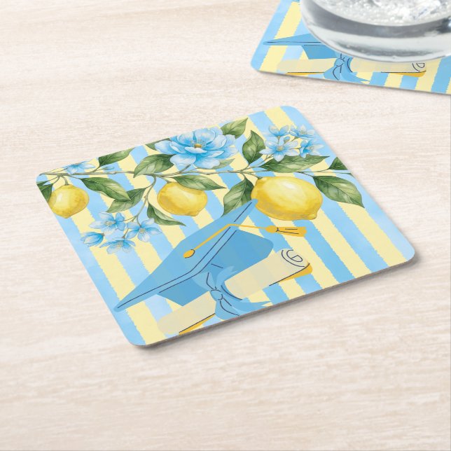 Lemon Freshly Graduated Blue Stripe Graduation Square Paper Coaster (Angled)