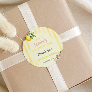Lemon Freshly Yellow Stripes Floral 21st Birthday Classic Round Sticker