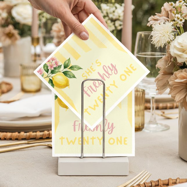 Lemon Freshly Yellow Stripes Floral 21st Birthday Napkin (Creator Uploaded)