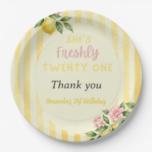 Lemon Freshly Yellow Stripes Floral 21st Birthday Paper Plate