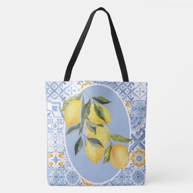 Lemon fruit, European-inspired blue tile Tote Bag (Front)