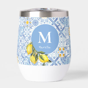 Lemon fruit monogram, blue tile