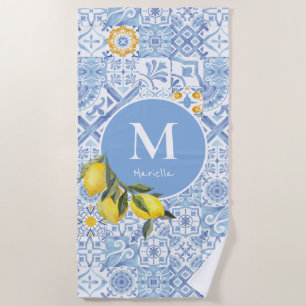 Lemon fruit monogram, blue tile beach towel