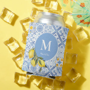 Lemon fruit monogram, blue tile can cooler