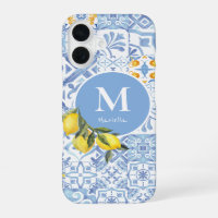 Lemon fruit monogram, blue tile
