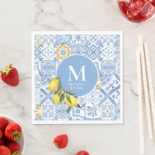 Lemon fruit monogram, blue tile napkin