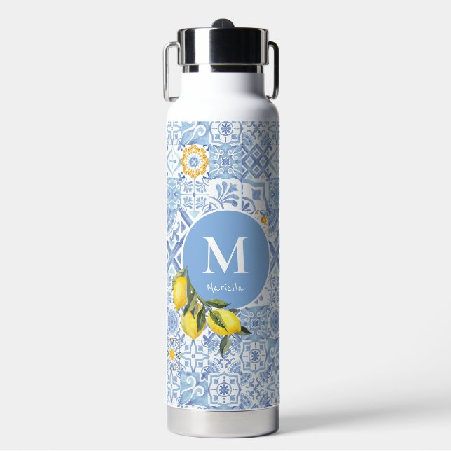 Lemon fruit monogram, blue tile water bottle (Front)