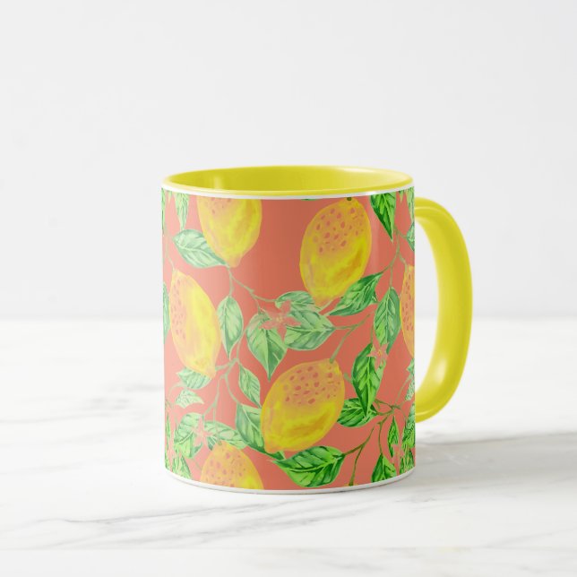 Lemon fruit pattern yellow and peach pink mug (Front Right)