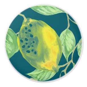 Lemon fruit pattern yellow blue green ceramic knob
