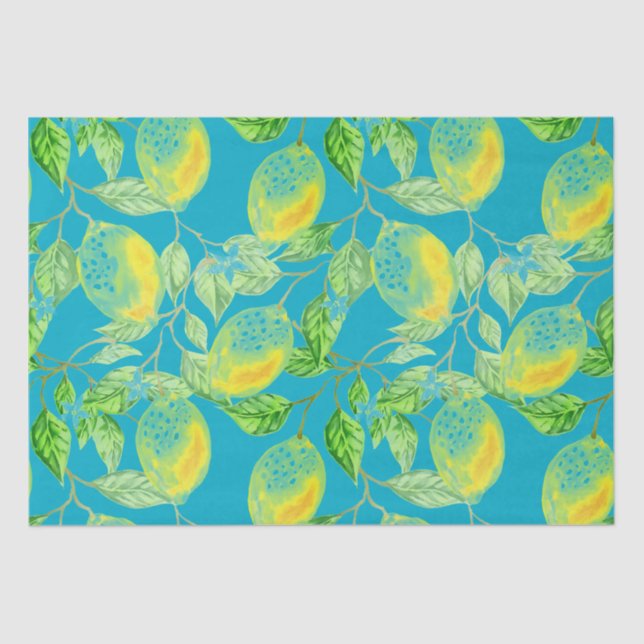 Lemon fruit pattern yellow blue green turquoise tissue paper (Front)