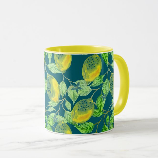 Lemon fruit pattern yellow blue vintage mug (Front Right)
