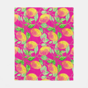 Lemon fruit pattern yellow pink green fleece blanket