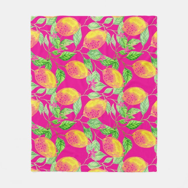 Lemon fruit pattern yellow pink green fleece blanket (Front)
