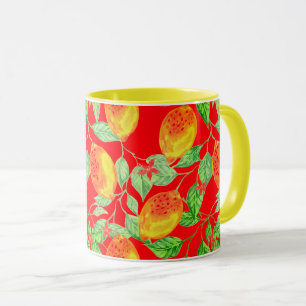 Lemon fruit pattern yellow red vintage mug