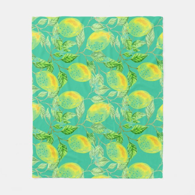 Lemon fruit pattern yellow turquoise green fleece blanket (Front)