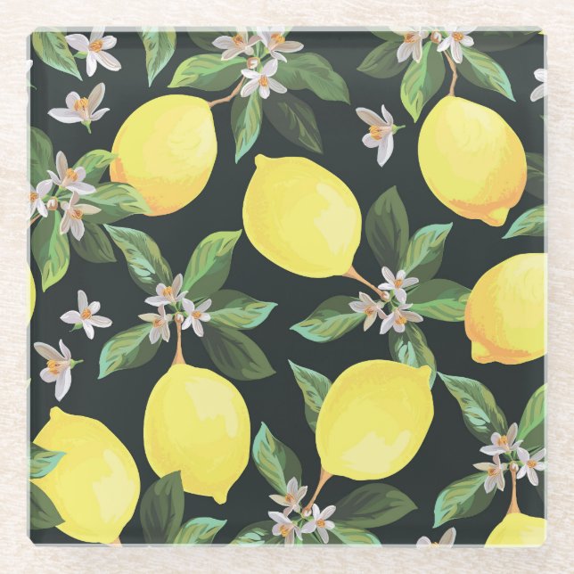Lemon Fruit: Seamless Pattern Design Glass Coaster (Front)