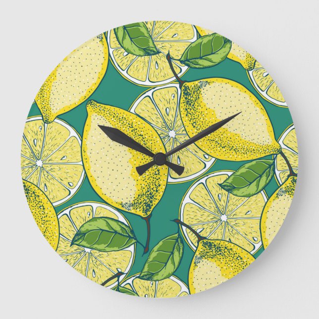 Lemon Fruit Vintage Seamless Illustration Large Clock (Front)