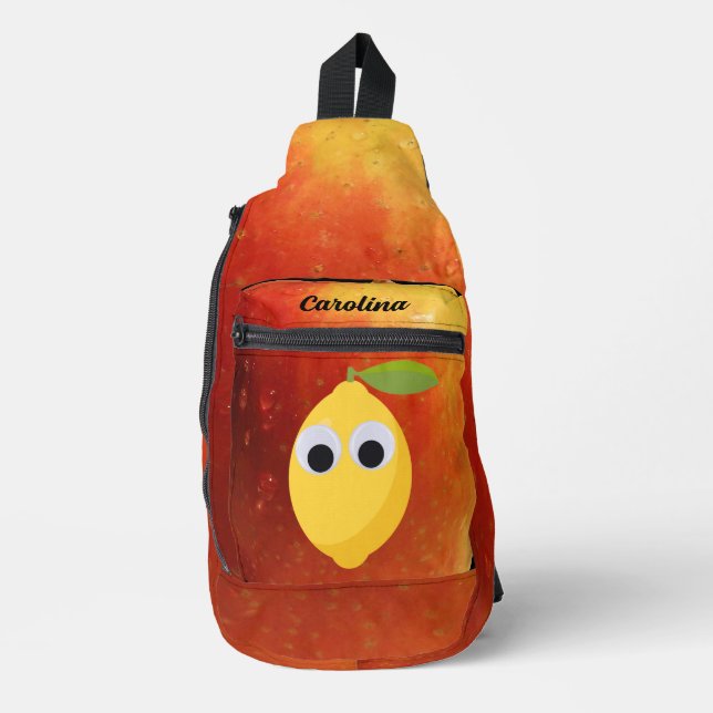 Lemon, fruit with googly eyes and apple       sling bag (Front)
