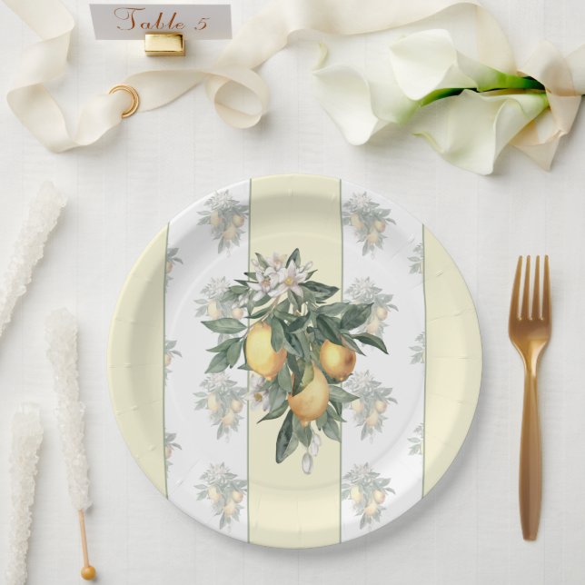 Lemon Fruit | Yellow & White Striped Paper Plate (Wedding)
