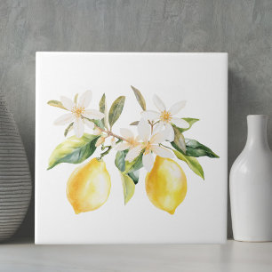 Lemon Fruits and White Flowers Tree Branch Tile
