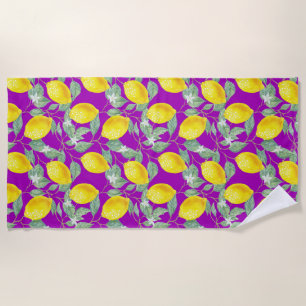 LEMON FRUITS IN PURPLE BACKGROUND BEACH TOWEL