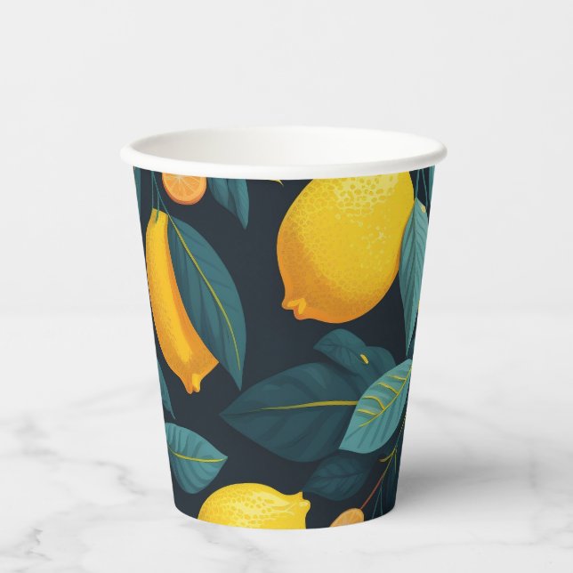 Lemon garden pattern. Yellow tropical citrus fruit Paper Cups (Front)