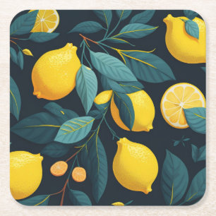 Lemon garden pattern. Yellow tropical citrus fruit Square Paper Coaster