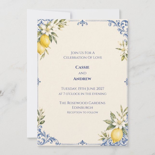 Lemon Garland Blue Scroll Wedding Invitation (Front)