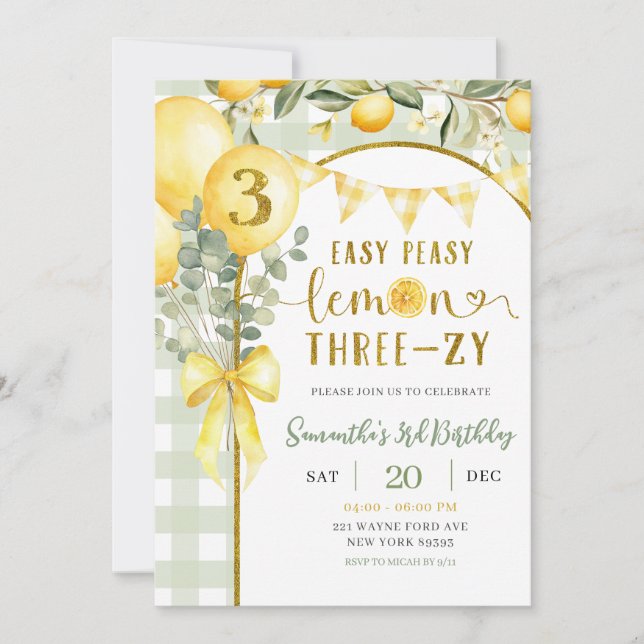 Lemon Gingham 3rd birthday invitation (Front)