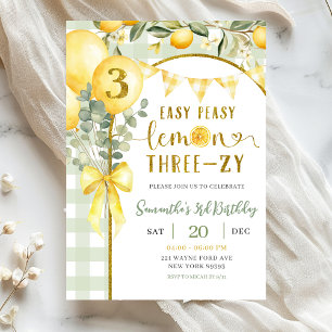 Lemon Gingham 3rd birthday invitation