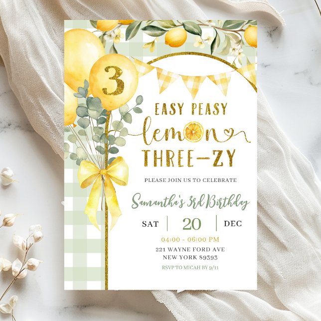 Lemon Gingham 3rd birthday invitation (Creator Uploaded)